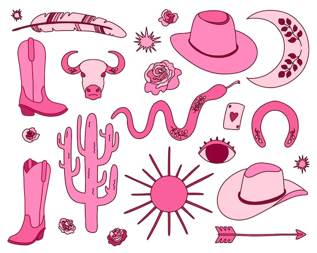 Collection of retro cowgirl elements in pink color cowgirl boots hat horseshoe wild west theme