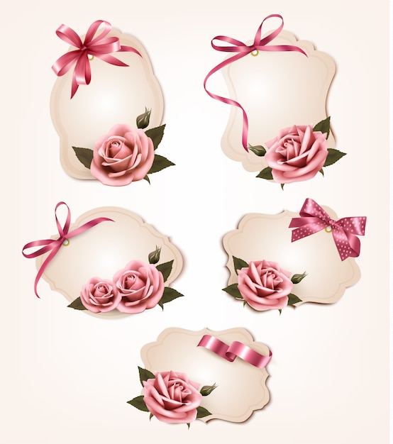 Vector collection of retro greeting cards with pink roses