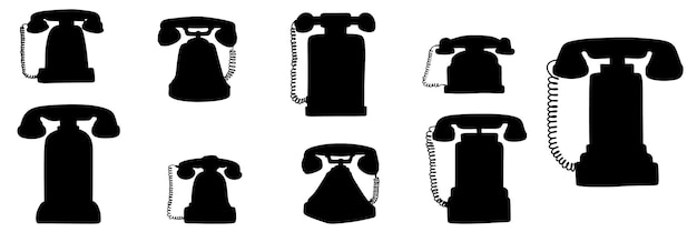 Коллекция силуэтов ретро-телефонов Ручная рисованная телефонная векторная иллюстрация