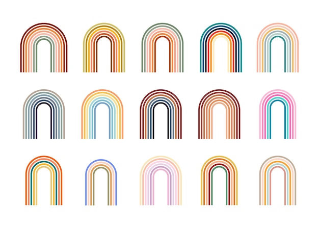 Collection retro rainbow shapes with colorful lines