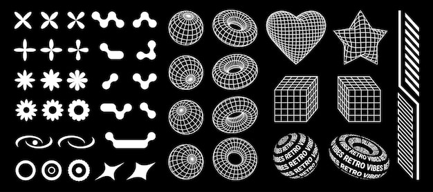 Collection of retro Y2K forms shapes and 3d mesh objects 2000s graphic design elements