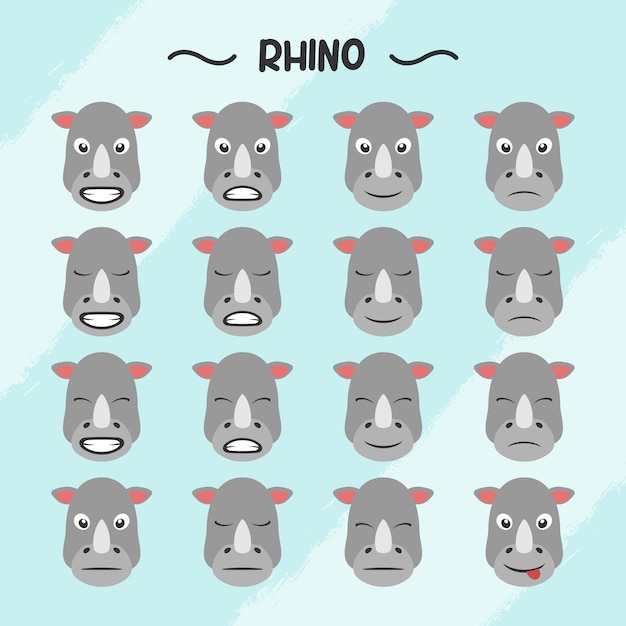 Vector collection of rhino facial expressions in flat design style