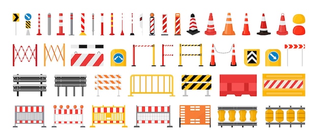 Collection of road barriers and signs.