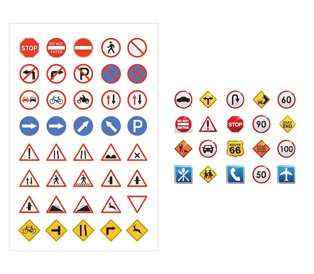 collection of road signs and traffic symbols for navigation and safety