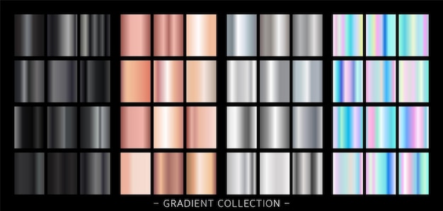 Collection Rose Gold, Silver Gradient, Black Gradient and Foil Gradient modern combinations. Vector.