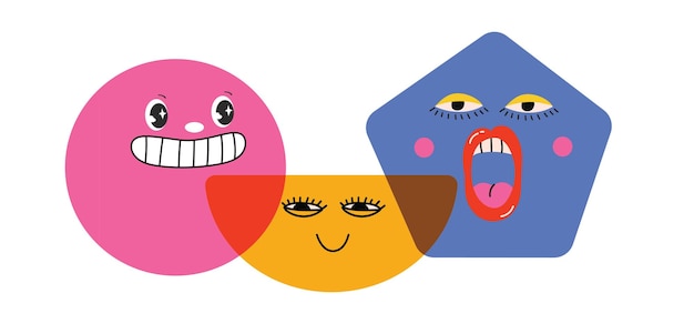 Vettore raccolta di facce rotonde comiche astratte con varie emozioni elementi e facce di personaggi di forma geometrica comiche astratte pazze illustrazione vettoriale