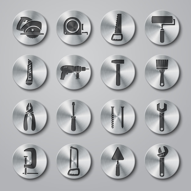 Vector collection of round metallic tool icons