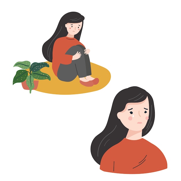 Collection of sad young woman  flat  illustration. Crying woman hugging her legs