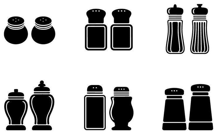 Vector collection of salt and pepper shakers in black and white