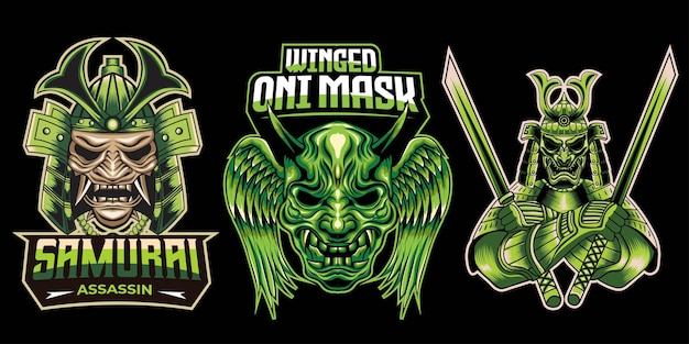 collection of samurai oni mask and bushido mascot logo