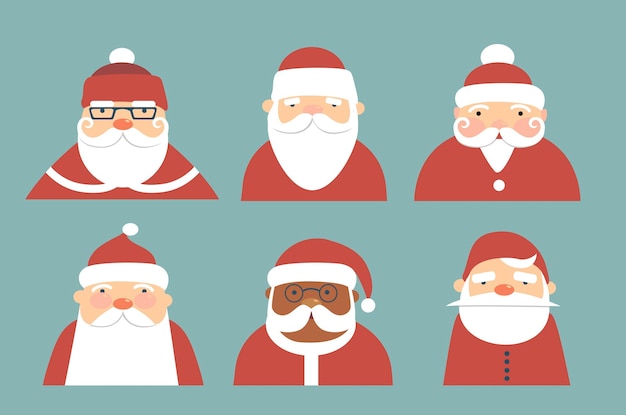 Collezione di personaggi di babbo natale vari volti con barba e cappello icone piatte personaggi dei cartoni animati di babbo natale set di icone di illustrazione di natale