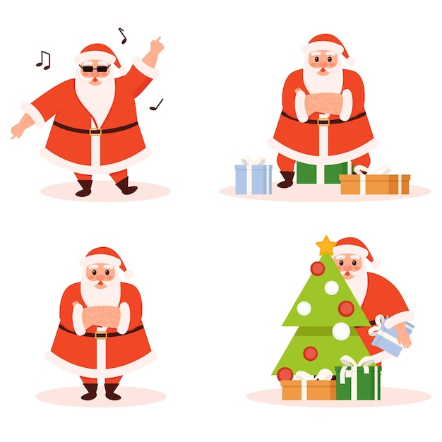 Vector collection of santa in different poses isolated on white