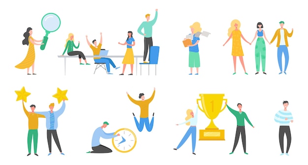 Collection of scenes at office. Set of men and women taking part in negotiation, business meeting,  brainstorming, working, talking. Colorful  in flat cartoon style.