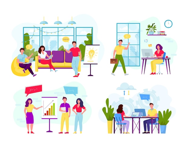 Vector collection of scenes with group of office workers flat illustration