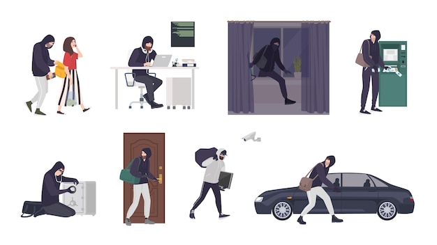 Vector collection of scenes with male thief or burglar wearing mask and black clothes stealing things from woman's handbag, atm, safe box, car, apartment or house. flat cartoon colorful vector illustration