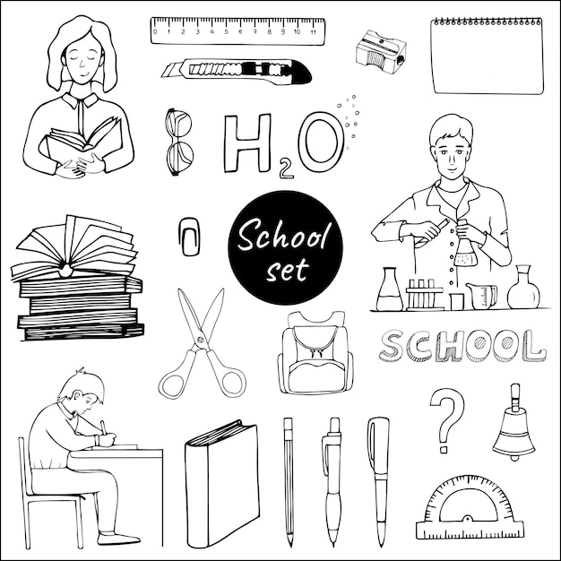 Raccolta di scarabocchi scolastici con personaggi e citazioni. illustrazione della scuola disegnata a mano