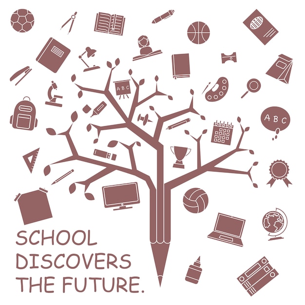 Vector collection of school icons fully colored in red tree of knowledge school education