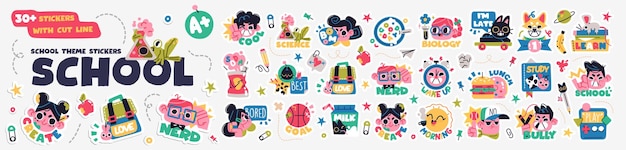 Collection of school stickers or badges with happy children school supplies