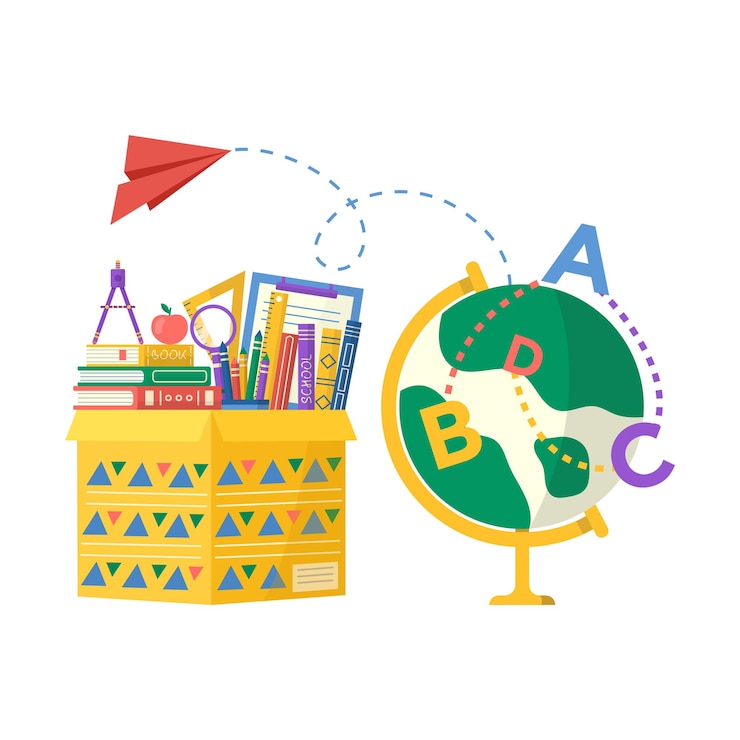 वेक्टर collection of school supplies in carton package, book, notebook, pen, backpack, ruler. vector back to school background with stationery. office accessories.