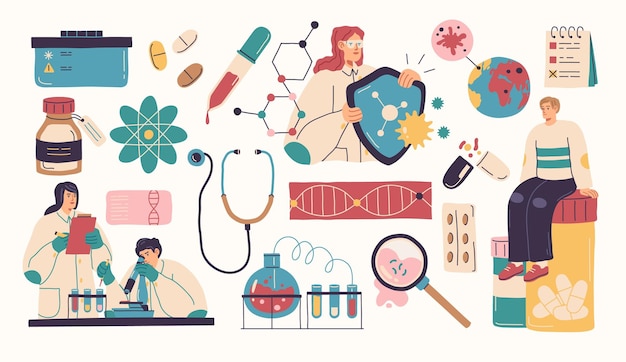 Vector collection of scientists doctors or researchers in laboratory people working in lab medicines