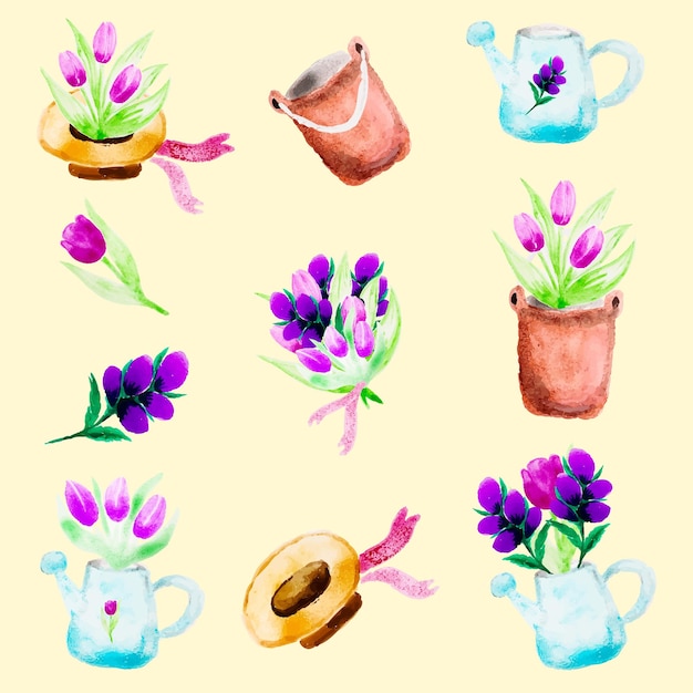 Collection of scrapbook watercolor elements with flowers watering can and straw hat Vector set of cute spring cartoon characters plants and decorations Garden party