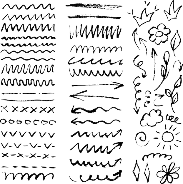 Vector collection of scribble design element of sketch underlines arrows and signes and textured strokes handmade chalk underline vector strokes