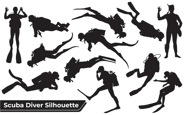 Vector collection of scuba diver silhouettes in different poses
