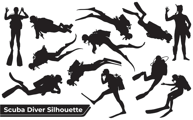 Collection of scuba diver silhouettes in different poses