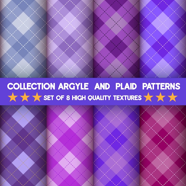 Collection of seamless argyle and plaid patterns in purple background.