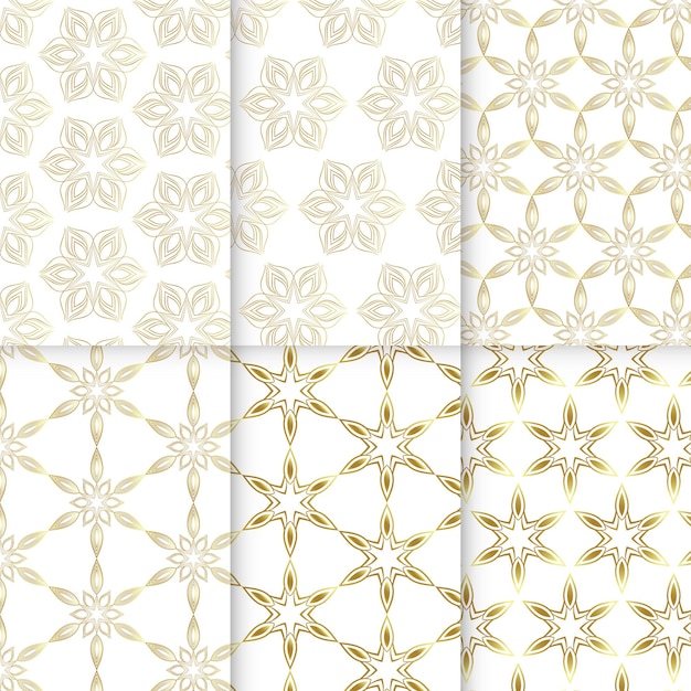 Collection of seamless geometric golden flower line patterns