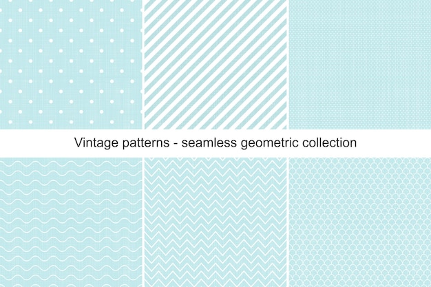 Collection of seamless geometric patterns in vintage style White patterns on brushed blue surface