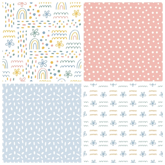 Collection of seamless matching patterns with rainbow flowers and abstract textures