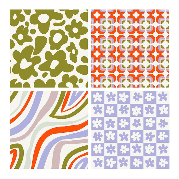 Collection of seamless patterns in 60s70s80s style geometric floral abstract backgrounds