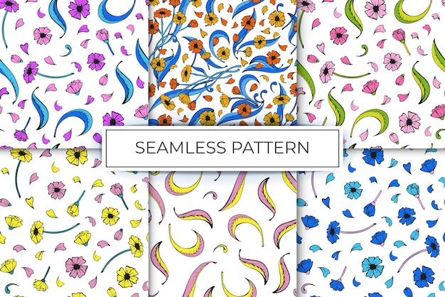 Collection of seamless patterns of floral patterns from simple lines multicolor