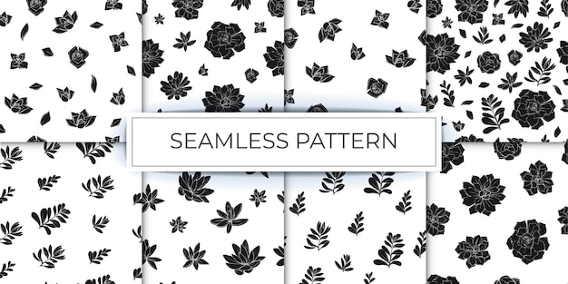 Collection of seamless patterns of flowers succulents graphics sketch hand drawn white and black