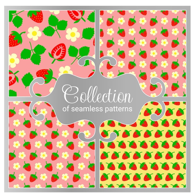 Collection of seamless summer patterns with strawberries