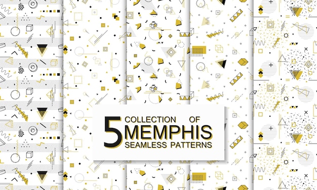 Collection of seamless trendy patterns with geometric shapes Gold design Fashion 8090s