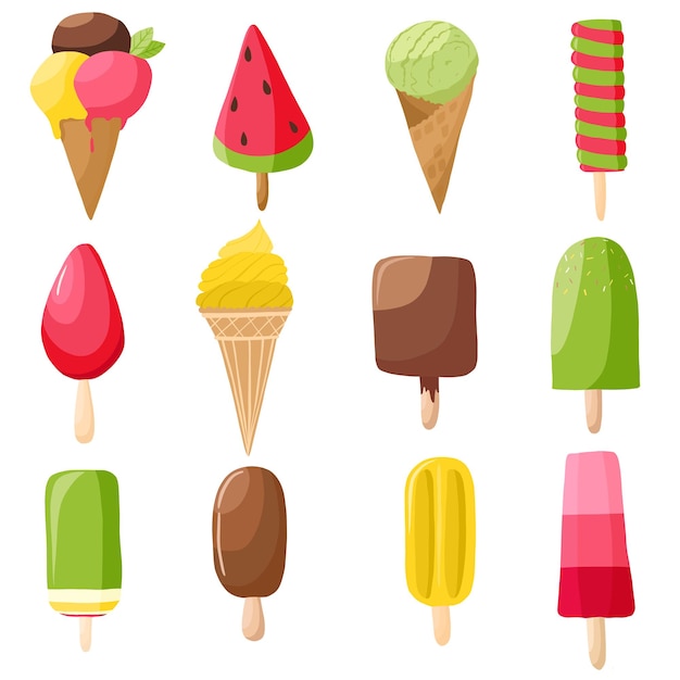 Collection set of 12 vector bright colors ice cream illustrations isolated on white