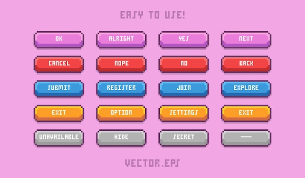 Collection set Button action game ui in pixel art cute soft style soft pink background