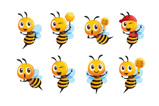 向量集合的卡通可爱的蜜蜂用不同的姿势和表情