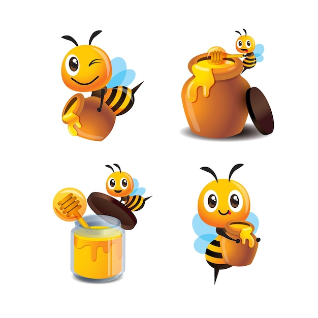 Collection set of cartoon cute bee with honey pot and bottle