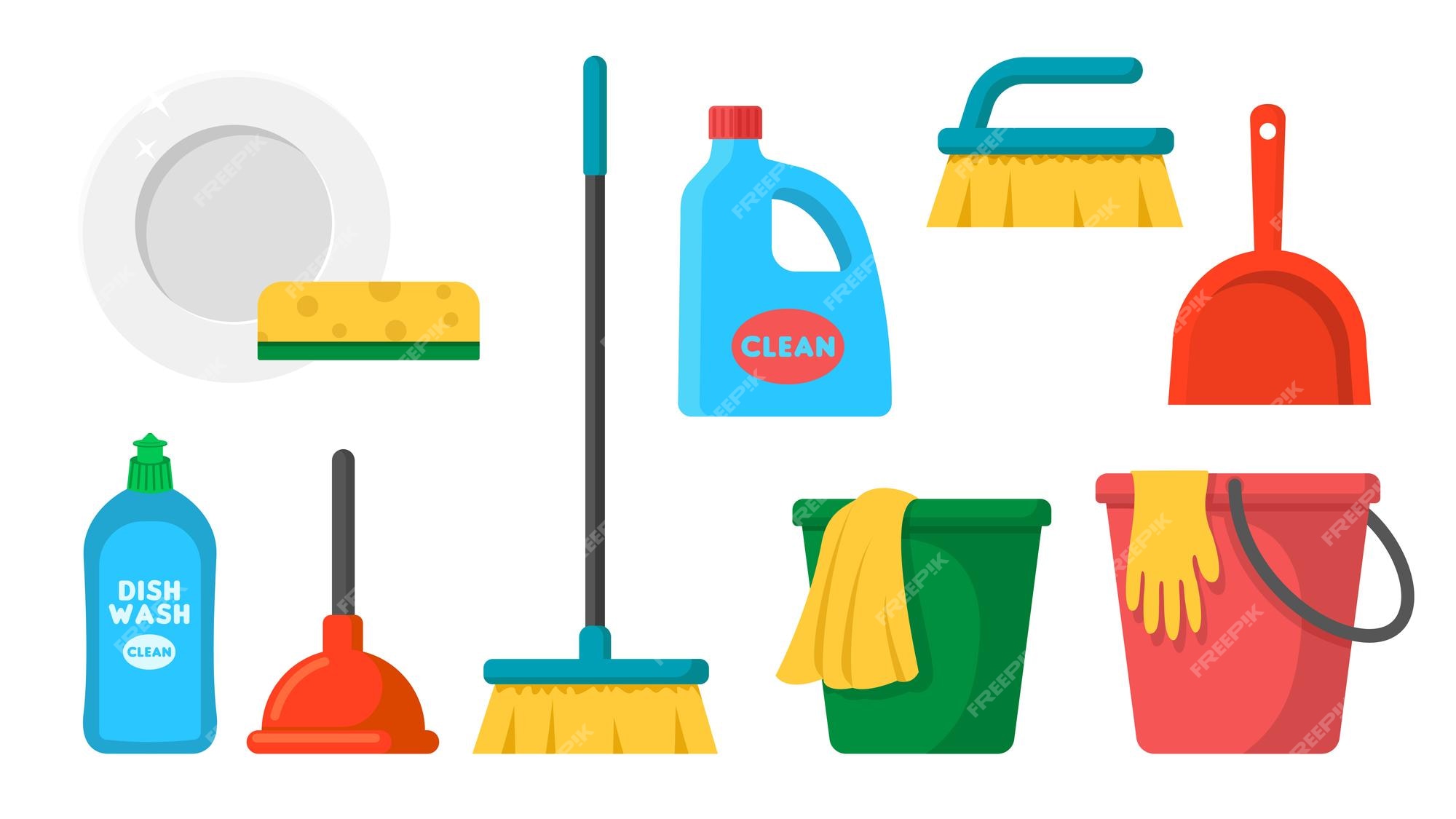 Vector set of cleaning tools. Home clean, sponge, broom, bucket, mop,  cleaning brush. Graphic concept for web sites, web banner, mobile apps,  infographics. Flat 3d vector isometric illustration. Stock Vector by ©Golden