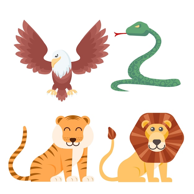 귀여운 만화 동물 호랑이 사자 뱀 독수리의 컬렉션 집합
