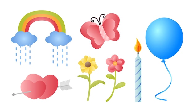 귀여운 만화 개체 ballon 무지개 나비 촛불 꽃 사랑 마음의 컬렉션 집합