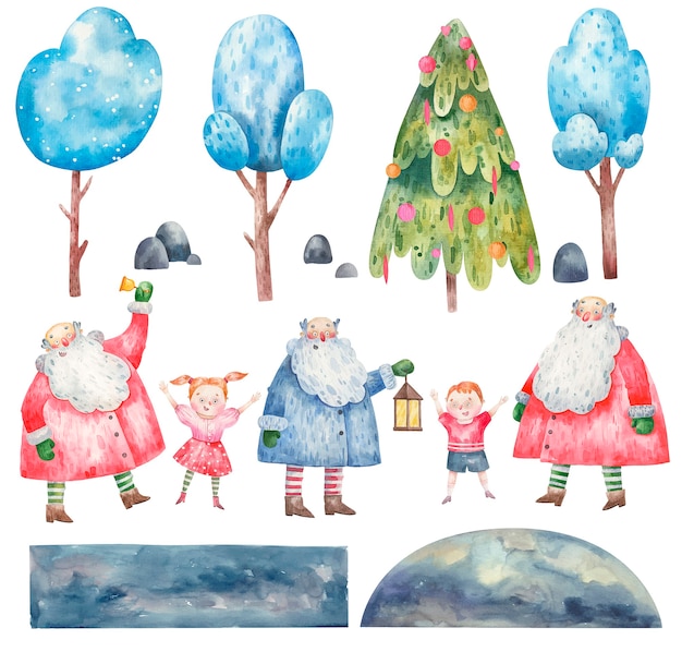 Vettore insieme della raccolta del simpatico babbo natale di capodanno, bambini, alberi per la creazione di carte, illustrazione dell'acquerello