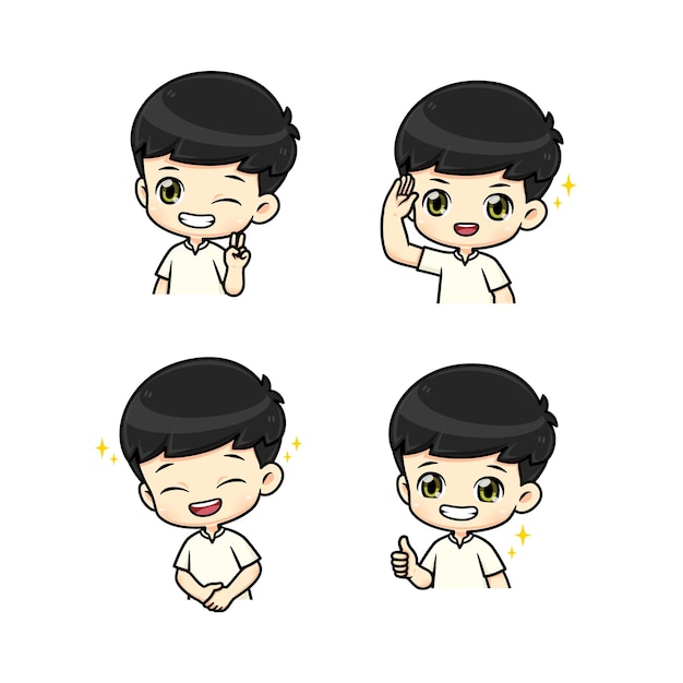 Vector collection set cute and polite boy mascot cartoon character in many pose