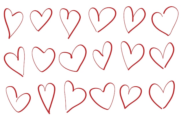 Набор нарисованных вручную красных каракулей каракули сердца, изолированные на белом фоне