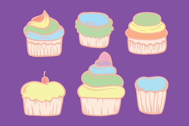 Collection set illustrations hand drawn of cup cake colorful