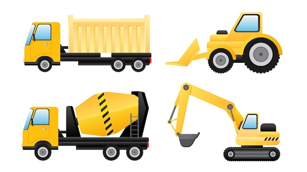 Vector collection set of industrial construction transportation cement mixer truck excavator