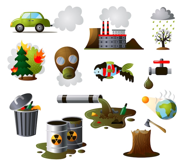 Collection set of industrial pollution. Polluted environment, factory air pollution, environmental consequences of human activities.